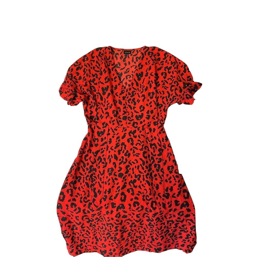 Who What Wear Women Maxi Dress M Red Animal Print Fit Flare Ruffle Short Sleeve
